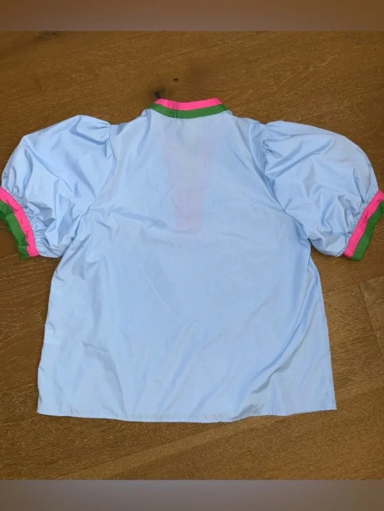 entro Blue Puff Sleeve Top with Pink and Green Trim - Picture 4 of 4